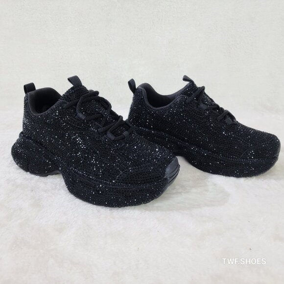 Cush Dazzle Sport Rhinestone Comfy Platform Light Weight Sneakers Black - Picture 6 of 7